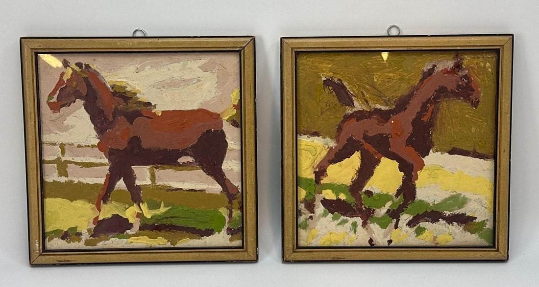 PAIR OF FRAMED EQUESTRIAN HORSE PICTURES: Pair of small framed pictures of chestnut horses Approximate Dimensions: each 9" W x 9" H Artist or Maker: Unknown Provenance: From a New York Collector Notes: Although care is taken to photog