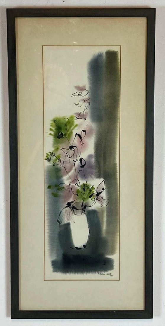 NATALIE BLATT WATERCOLOR STILL LIFE OF FLOWERS IN A VASE 1968 (1 of 7)