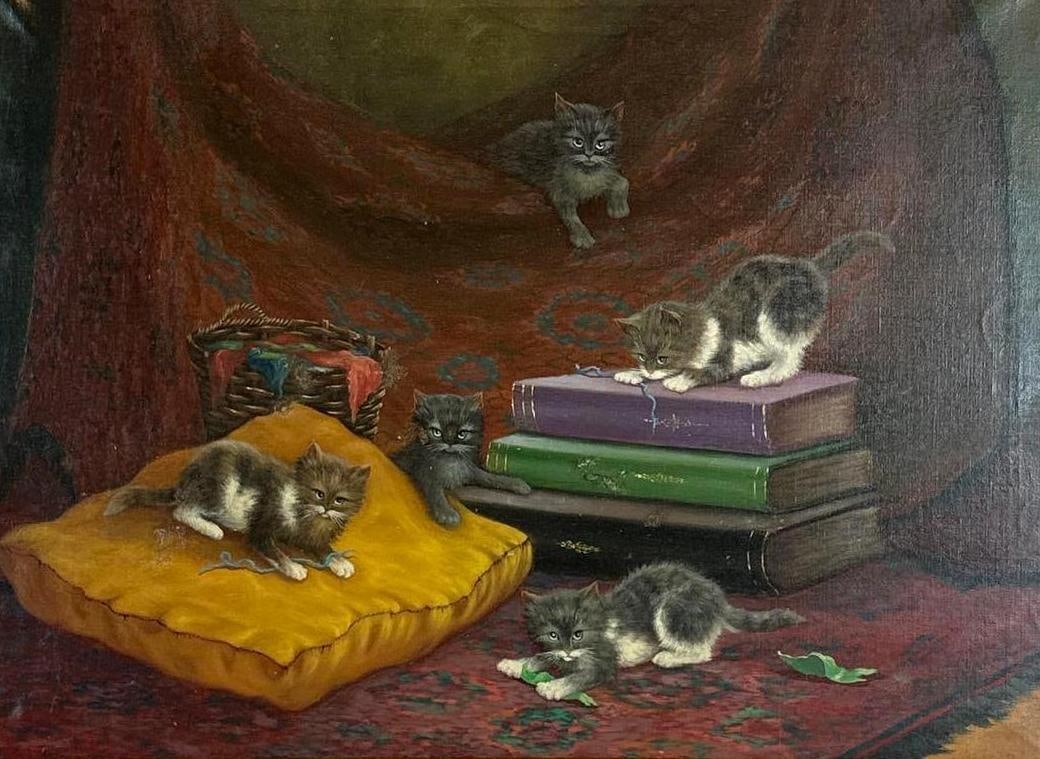 OIL PAINTING OF KITTENS ON BOOKS: Oil painting of kittens resting on books and a cushion Approximate Dimensions: 30" W x 24" H; framed 36" W x 28" H Artist or Maker: Unknown Provenance: From a New York Collector Notes: