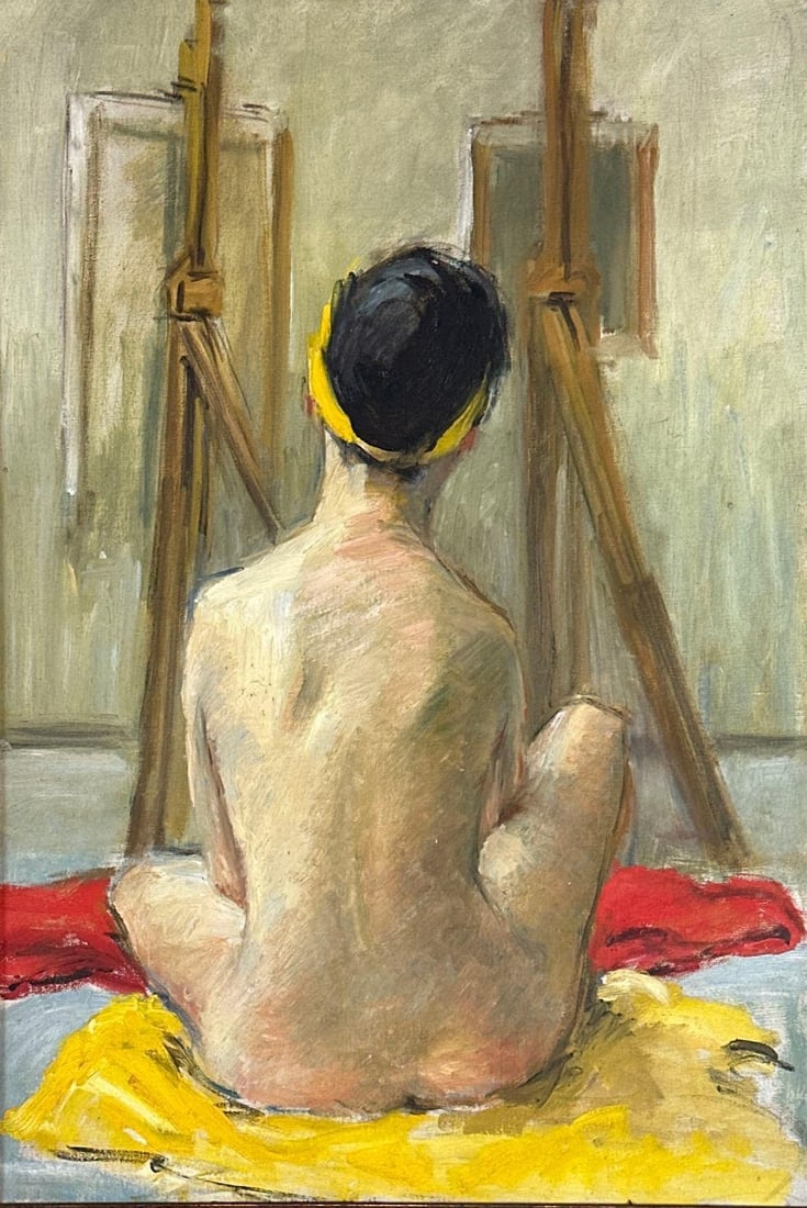 SIGNED OIL PAINTING NUDE STUDY OF A SEATED WOMAN: Oil painting nude study of a seated woman before a window Approximate Dimensions: sight 16" W x 24" H; framed 20" W x 27" H Artist or Maker: Indistinctly signed; reads "Elsa Nik...