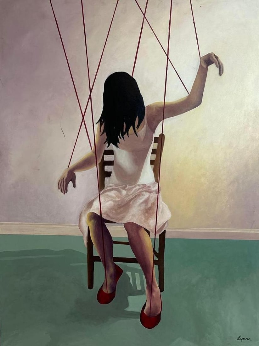 LYNNA CONTEMPORARY OIL PAINTING "PUPPET GIRL": Contemporary oil painting of a marionette puppet girl Approximate Dimensions: 36" W x 48" H Artist or Maker: Signed "Lynna" Provenance: From a New York Collector Notes: Although care i
