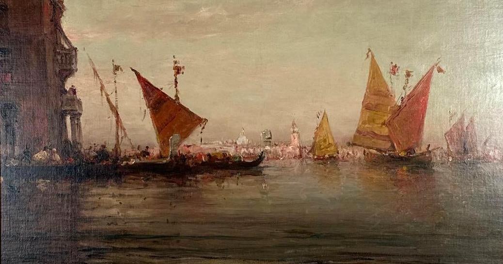 FELIX ZIEM VENICE AT SUNSET OIL PAINTING "AU COUCHER DU SOLEIL": Oil painting of Venice at sunset with sailing boats Approximate Dimensions: 32" W x 18" H; framed 38.5" W x 25" H Artist or Maker: Brass plaque reads "Felix F. Ziem — Au Coucher 