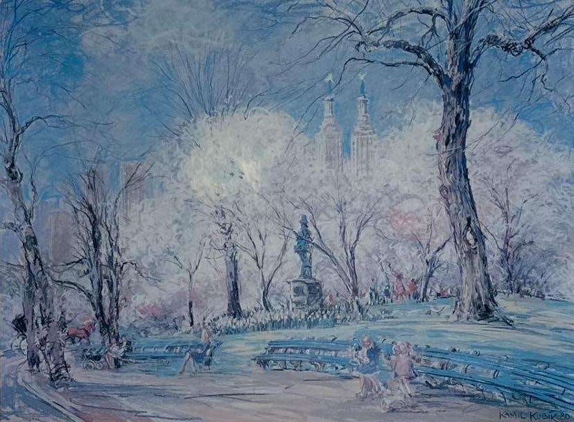 KAMIL KUBIK SIGNED CENTRAL PARK IN WINTER LITHOGRAPH SIGNED: Lithograph of an Impressionist painting of Central Park in winter with flowering trees Approximate Dimensions: image 24" W x 17" H; framed 33" W x 26.5" H Artist or Maker: Signed "