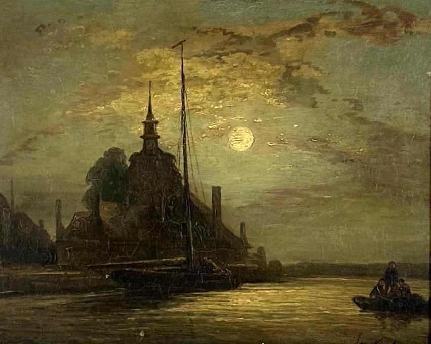 JOHAN BARTHOLD JONGKIND HARBOR AT NIGHT OIL PAINTING (1 of 10)