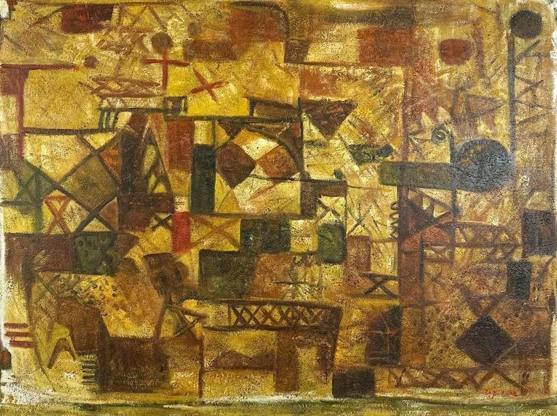 MID-CENTURY MODERN ABSTRACT PAINTING DIGNED: Mid-century modern abstract composition in earth tones Approximate Dimensions: image 39.5" W x 29" H; framed 44" W x 34" H Artist or Maker: Unknown illegible signature Provenance: From