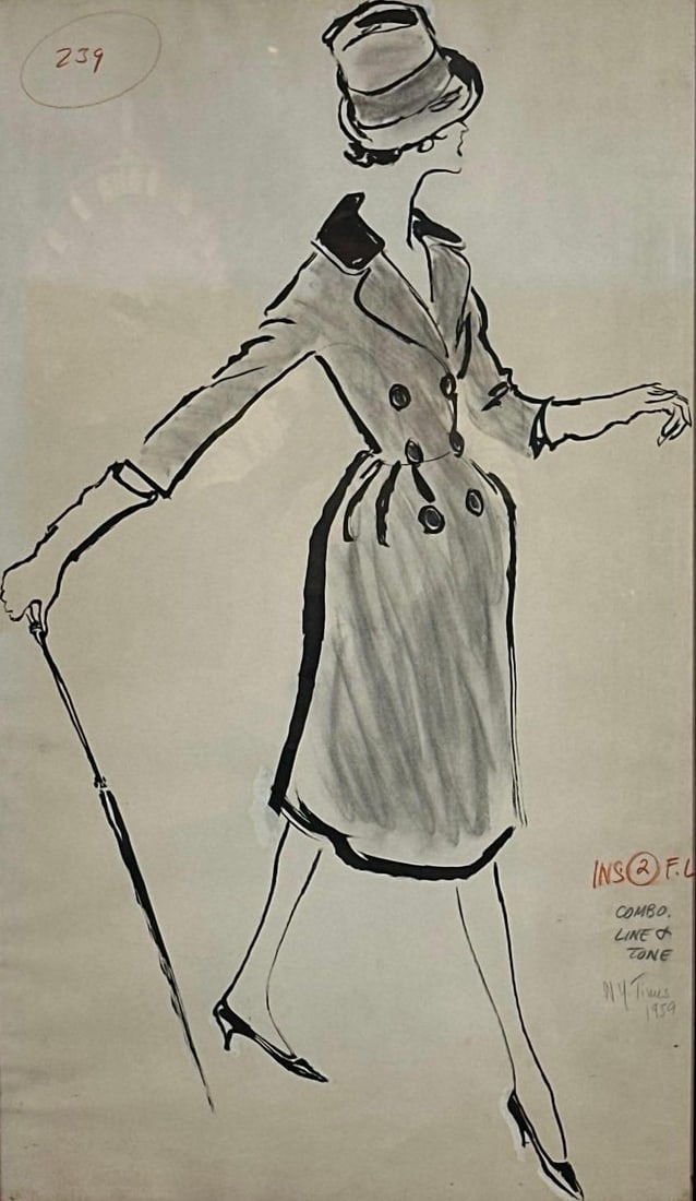 VINTAGE FASHION ILLUSTRATION "WOMAN IN FULL STRIDE": Ink and pencil fashion illustration of an elegant woman striding, marked N.Y. Times 1958 Approximate Dimensions: image 20.5" W x 35" H; framed 22" W x 37" H Artist or Maker: Unknown il