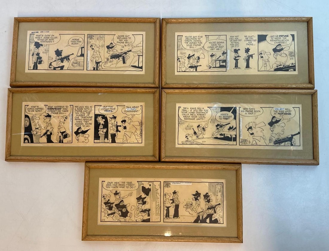 FIVE FRAMED "MOTLEY'S CREW" ORIGINAL COMIC STRIP DRAWINGS: Group of five framed pen-and-ink "Motley's Crew" comic strip drawings Approximate Dimensions: each image 15" W x 5.75" H; framed 19" W x 9" H Artist or Maker: "Motley&#