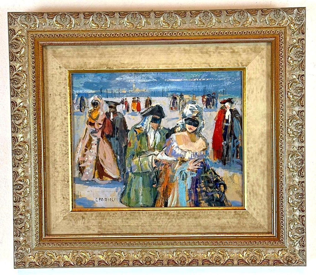 C. FARIOLI SIGNED VENETIAN MASQUERADE CARNIVAL PAINTING: Venetian carnival masquerade scene with costumed and masked figures, impressionist palette, ornate gilt frame, signed, verso titled "Maschere Veneziane" Approximate Dimensions: 8" x 10"
