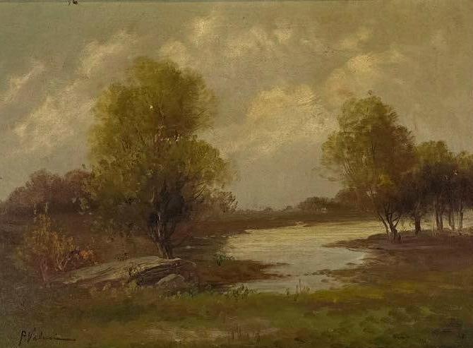 ANTIQUE TONALIST LANDSCAPE OIL PAINTING SIGNED ORNATE GILT FRAME: Tonalist landscape oil with pond and trees in muted greens, ornate scrolled giltwood frame, signed lower left Approximate Dimensions: 16" x 13" unframed; 24" x 20" framed Artist or Mak