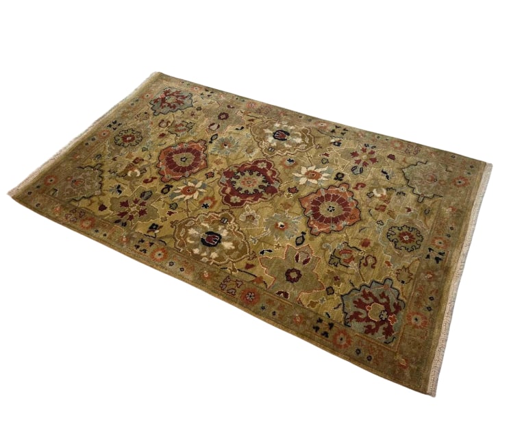 SAFAVIEH STYLE WOOL AREA RUG 3' 4" x 5' 7": *Hand-knotted traditional Turkish-style Oushak wool carpet with palmette motifs on a sage green field Approximate Dimensions: 3' -4" x 5'- 7" Artist or Maker: Unknown