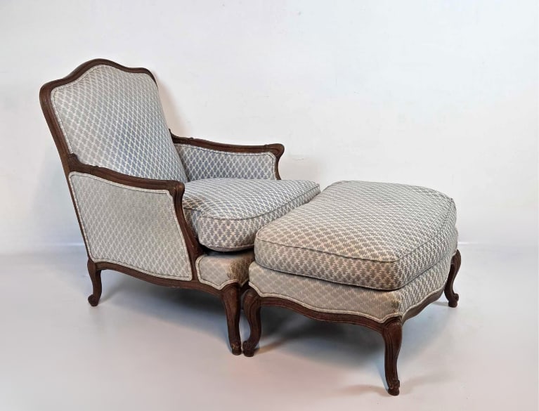 LOUIS XV STYLE CARVED WALNUT BERGERE AND OTTOMAN (1 of 13)