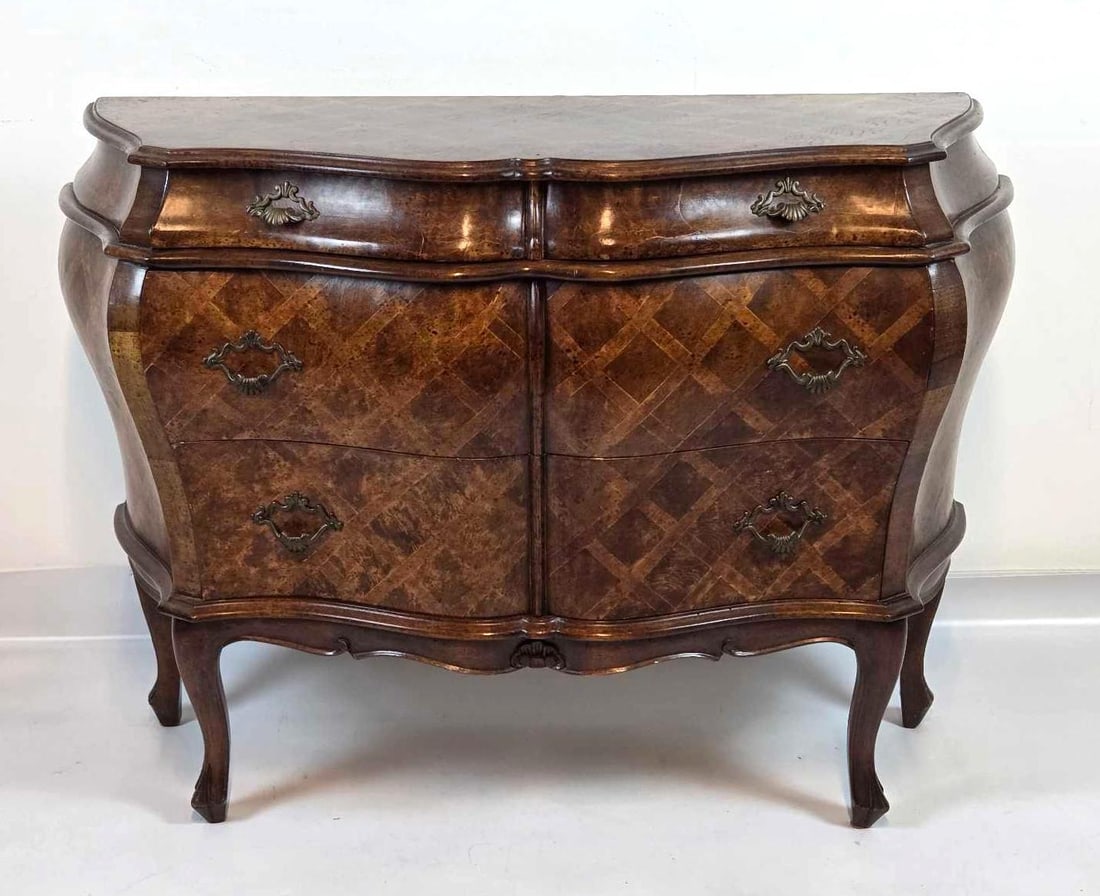 VINTAGE ITALIAN MARQUETRY INLAY BOMBE THREE DRAWER CHEST (1 of 14)