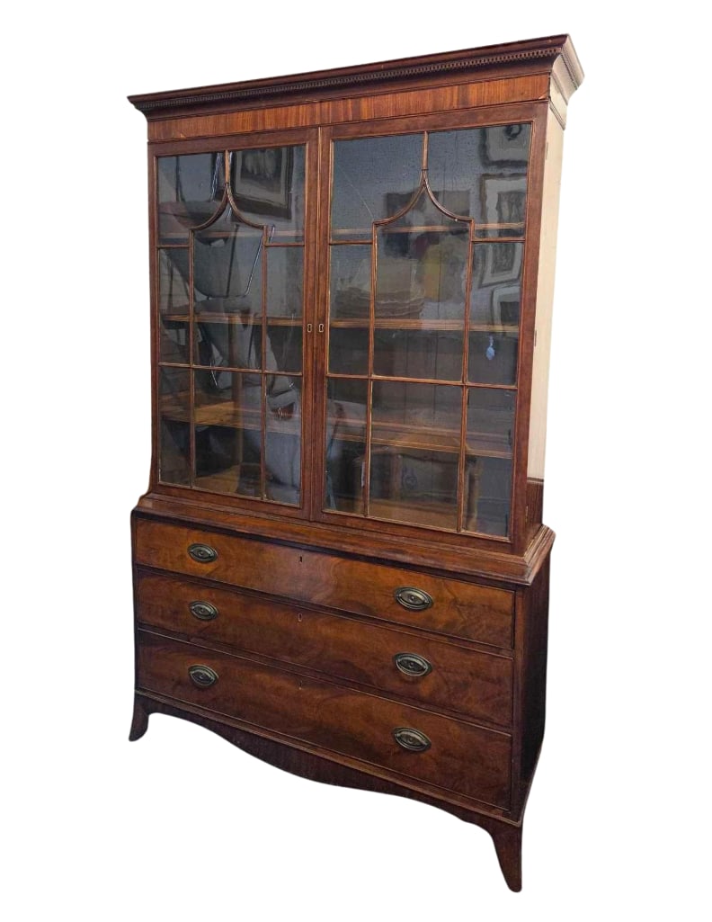 ANTIQUE REGENCY MAHOGANY THREE DRAWER CHEST WITH BOOKCASE TOP (1 of 14)