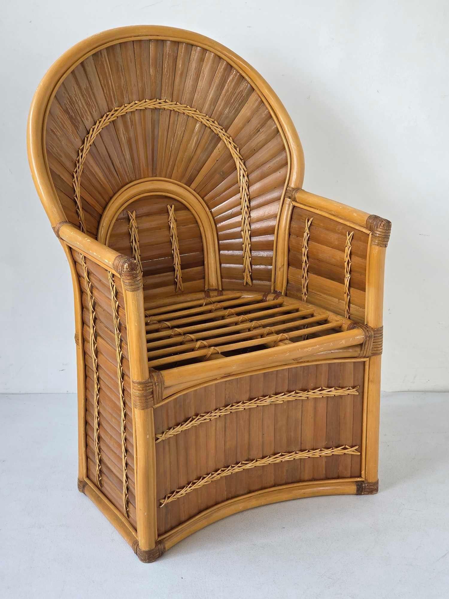 VINTAGE SPLIT BAMBOO AND RATTAN HIGH BACK THRONE CHAIR: *Vintage coastal modern high-back throne chair. Approximate Dimensions: 38" H X 24.75" W X 21.5" D Artist or Maker: Unknown Provenance: A New York Collector