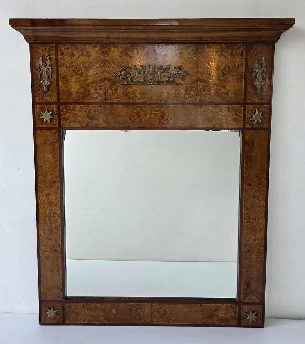 BIEDERMEIER STYLE BURLED WOOD VENEER BRASS MOUNTED WALL MIRROR (1 of 12)