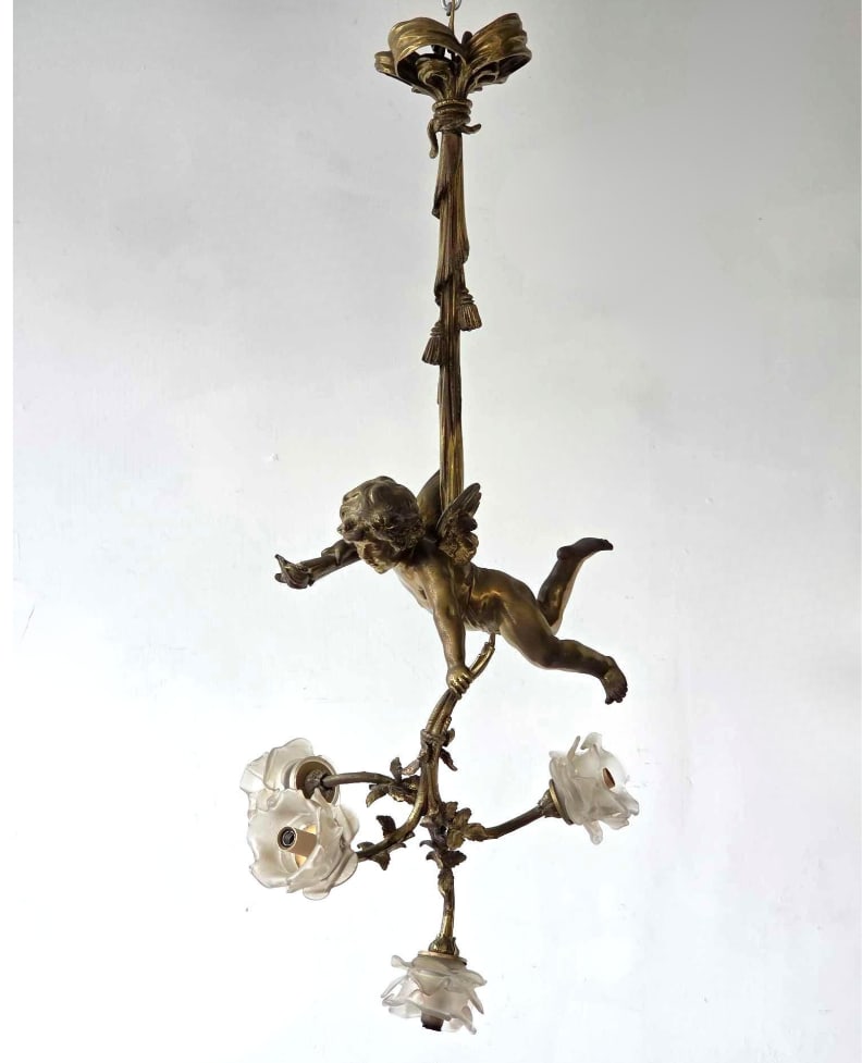 FRENCH BELLE EPOQUE WINGED PUTTI FIGURAL BRONZE FOUR LITE CHANDELIER (1 of 17)
