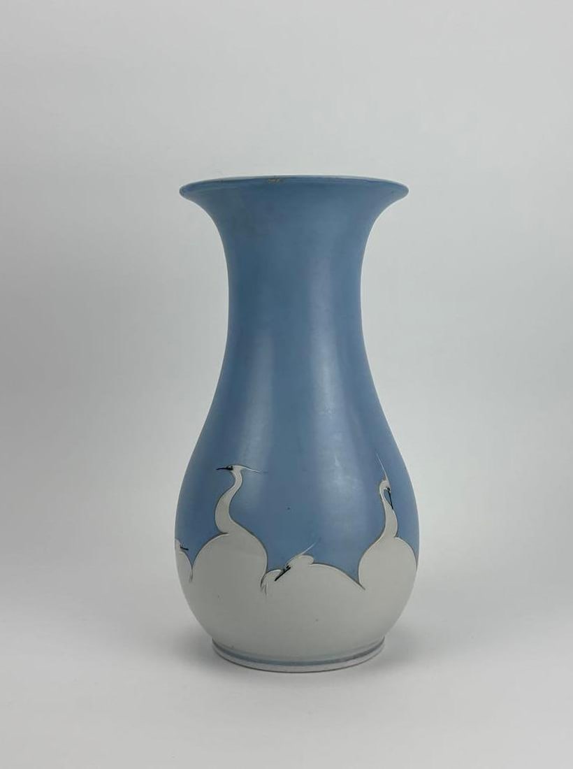 ANTIQUE BLUE AND WHITE PORCELAIN CRANE VASE: *Vintage Danish underglaze blue and white porcelain flared vase decorated with stylized wading cranes Approximate Dimensions: 12" H X 6” Dia. Artist or Maker: Unknown Proven