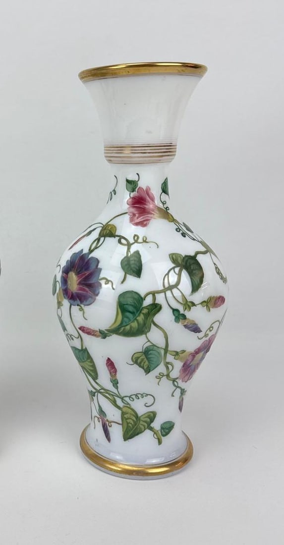 19TH CENTURY FRENCH HAND PAINTED OPALINE MILK GLASS VASE WITH MORNING GLORIES-DRILLED FOR LAMP: *19th-century French white opaline glass urn-form vase featuring hand-painted trailing morning glory blossoms and gilded accents along the rim and pedestal base Note: Hole to base. Formerly converted 
