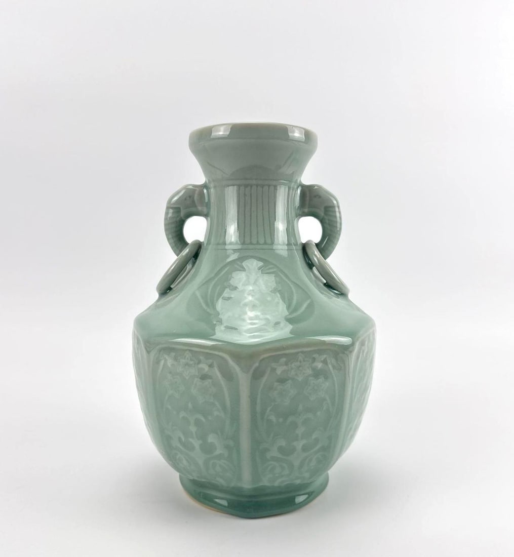 CHINESE CELADON GLAZE MOLDED VASE WITH ELEPHANT HANDLES (1 of 12)