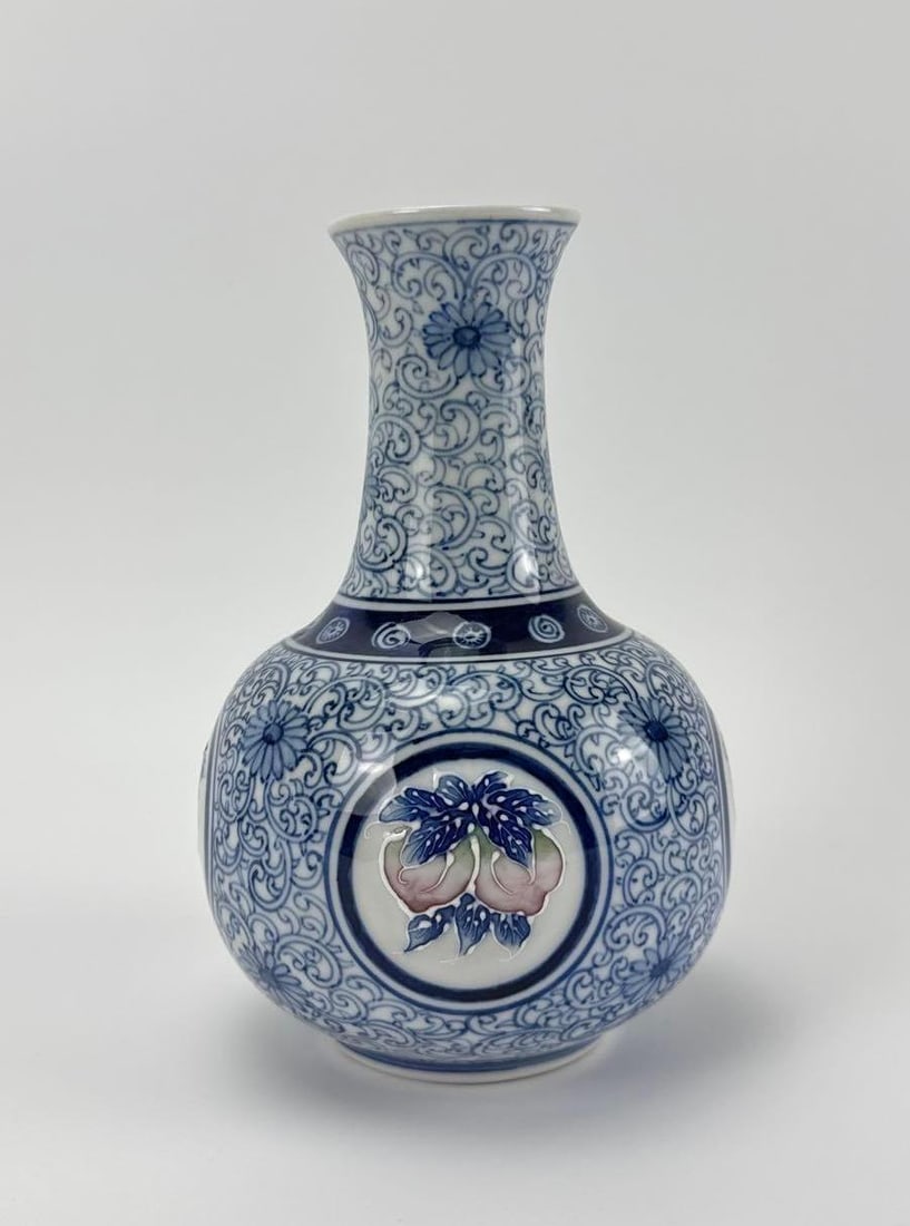 CHINESE BLUE AND WHITE PORCELAIN BOTTLE VASE WITH PEACH MEDALLION (1 of 9)