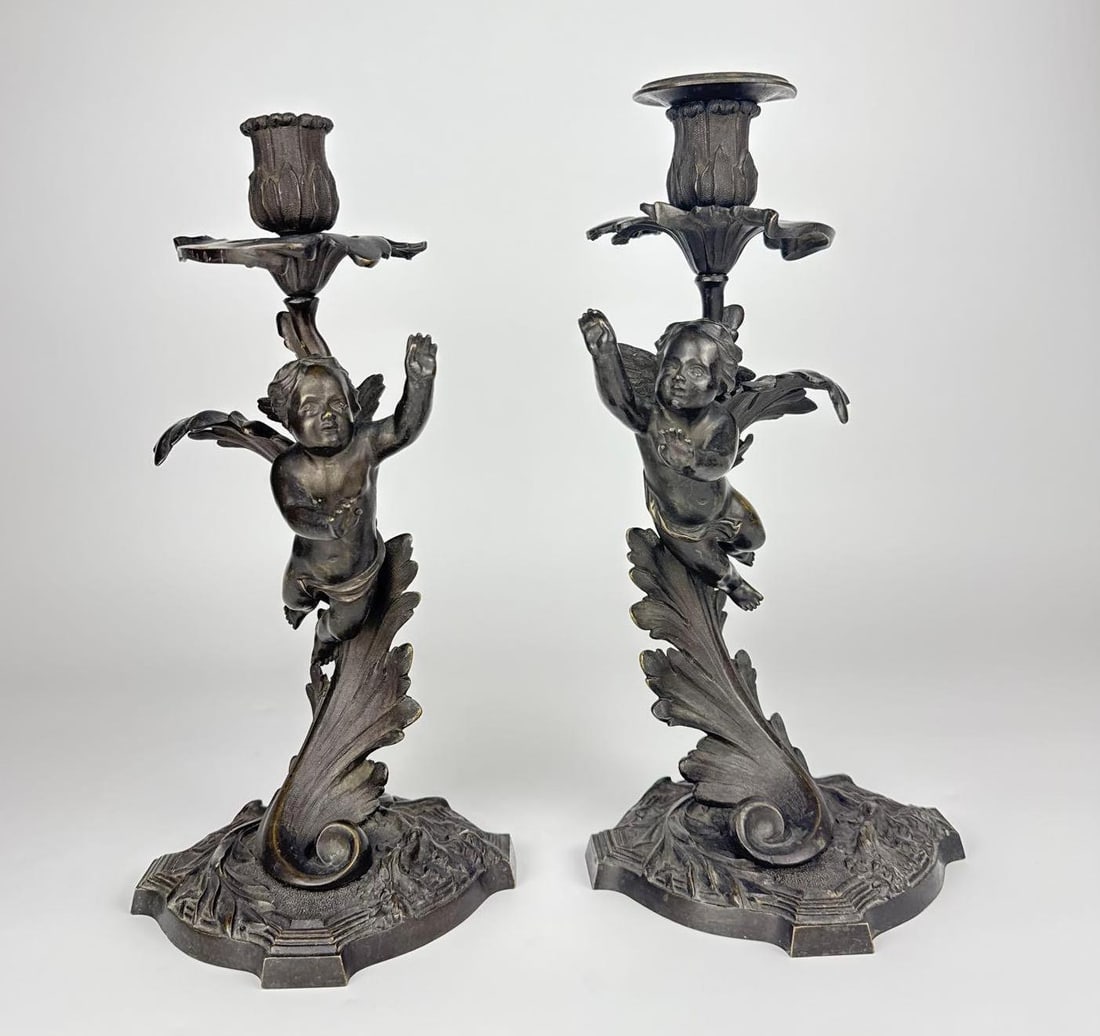PAIR OF FRENCH ROCOCO STYLE BRONZE CHERUB CANDLESTICKS (1 of 12)