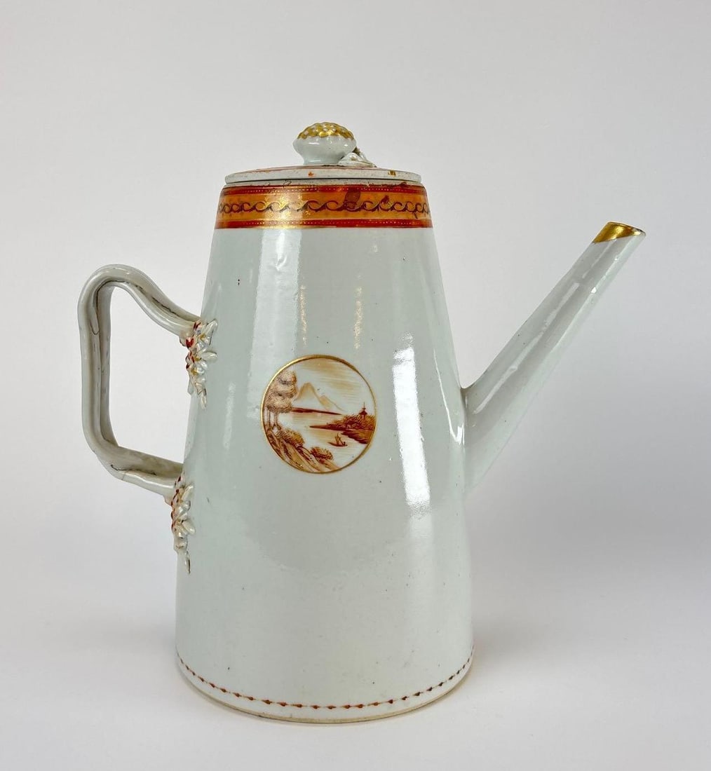 18TH C CHINESE EXPORT PORCELAIN COFFEE POT WITH SEPIA MEDALLION: *Antique 18th century Chinese Export American Market lighthouse-form porcelain coffee pot with a sepia landscape medallion, gilt double-strap handle, and molded floral terminals. Please note: handle v