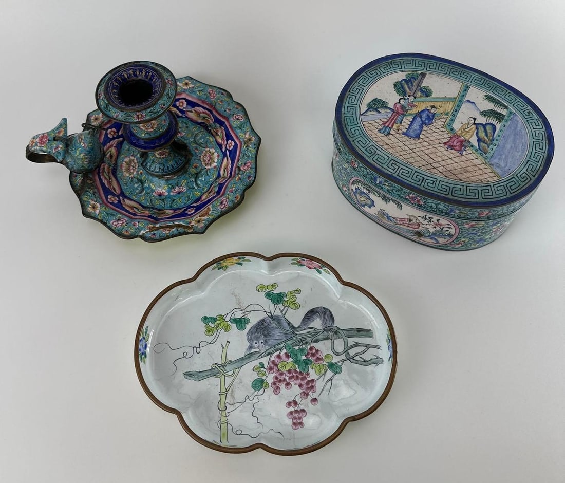 3-PIECE CHINESE CANTON PAINTED AND CLOISONNÉ ENAMEL GROUPING: *Chinese Qing dynasty style Canton painted enamel on copper tea bowl and matching saucer set, featuring a bright yellow ground decorated with detailed floral scrolls and cartouches displaying figural 