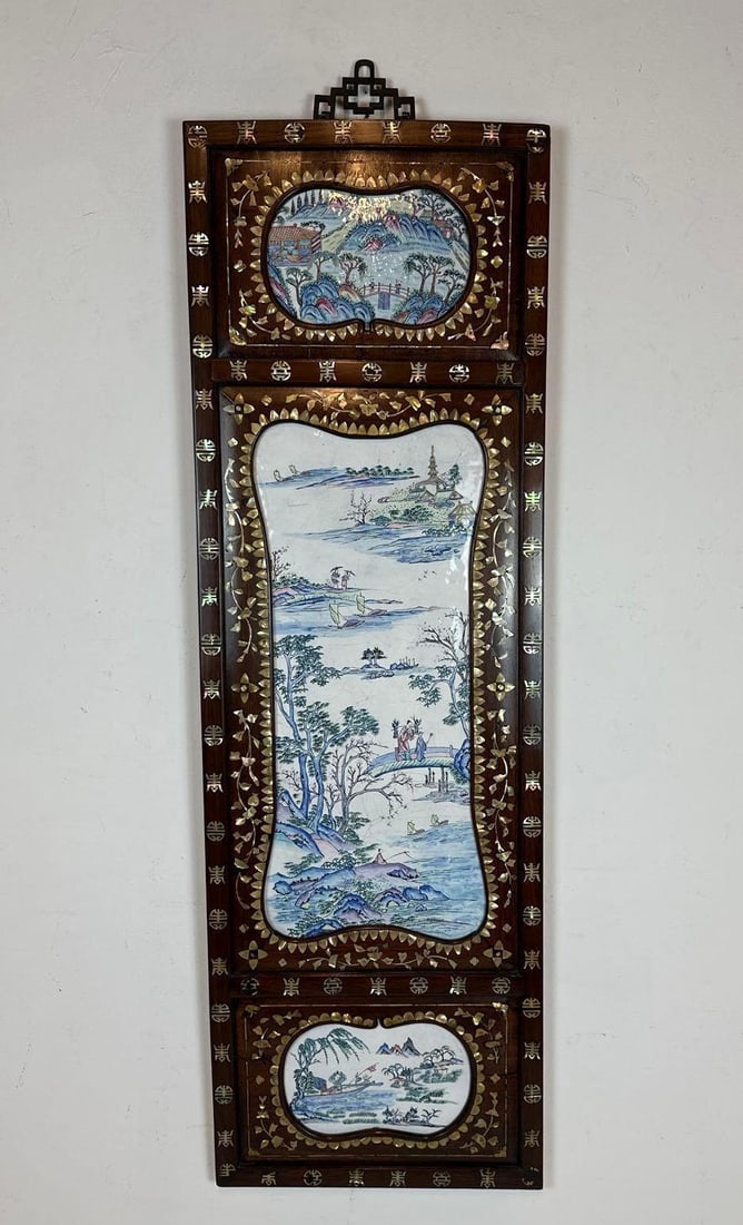 CHINESE FAMILLE ROSE ENAMEL ON COPPER PANEL WALL PLAQUE IN MOTHER-OF-PEARL INLAID FRAME (1 of 9)