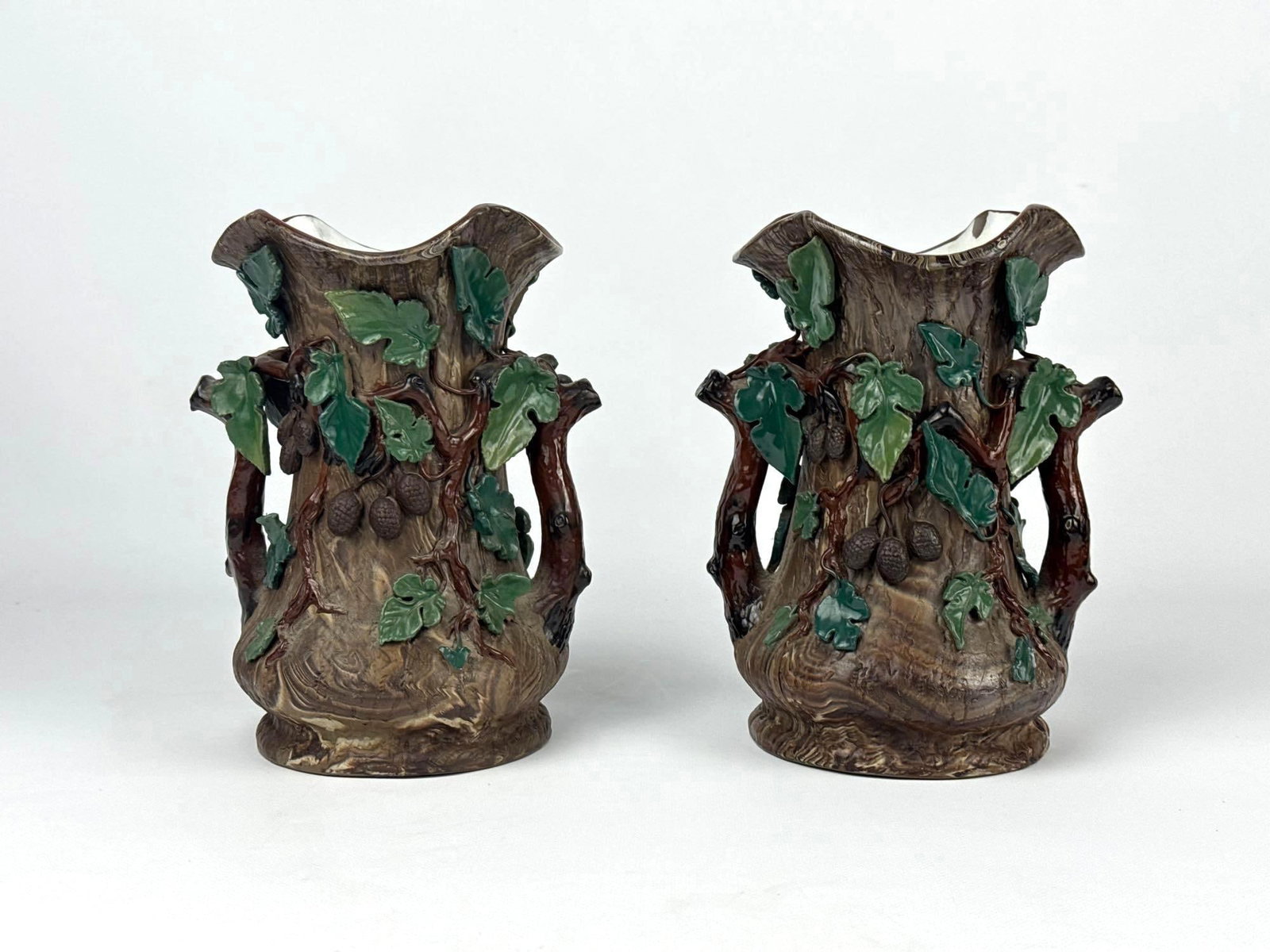 PAIR OF ANTIQUE 19TH CENTURY METTLACH VILLEROY AND BOCH STONEWARE FIGURAL TREE BARK VASES (1 of 13)