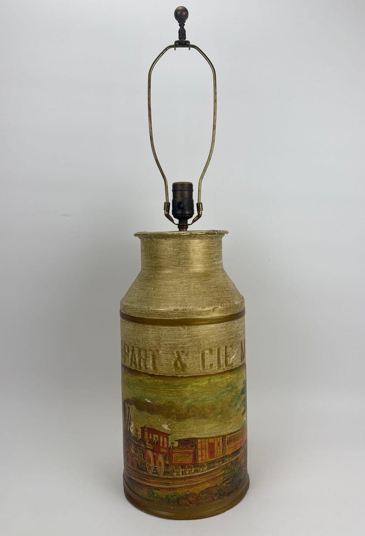 VINTAGE PAINTED MILK CAN TABLE LAMP: Vintage metal milk can converted to a table lamp with hand-painted farm scenes and gilt ground. Approximate Dimensions: 19" H X 8" Dia.; 29" H to top of harp. Artist or Maker: Unknown; fol
