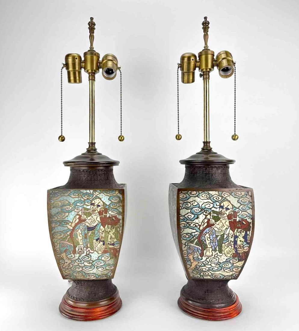 PAIR OF JAPANESE BRONZE AND CLOISONNE ENAMEL RAKAN VASES MOUNTED AS LAMPS (1 of 13)