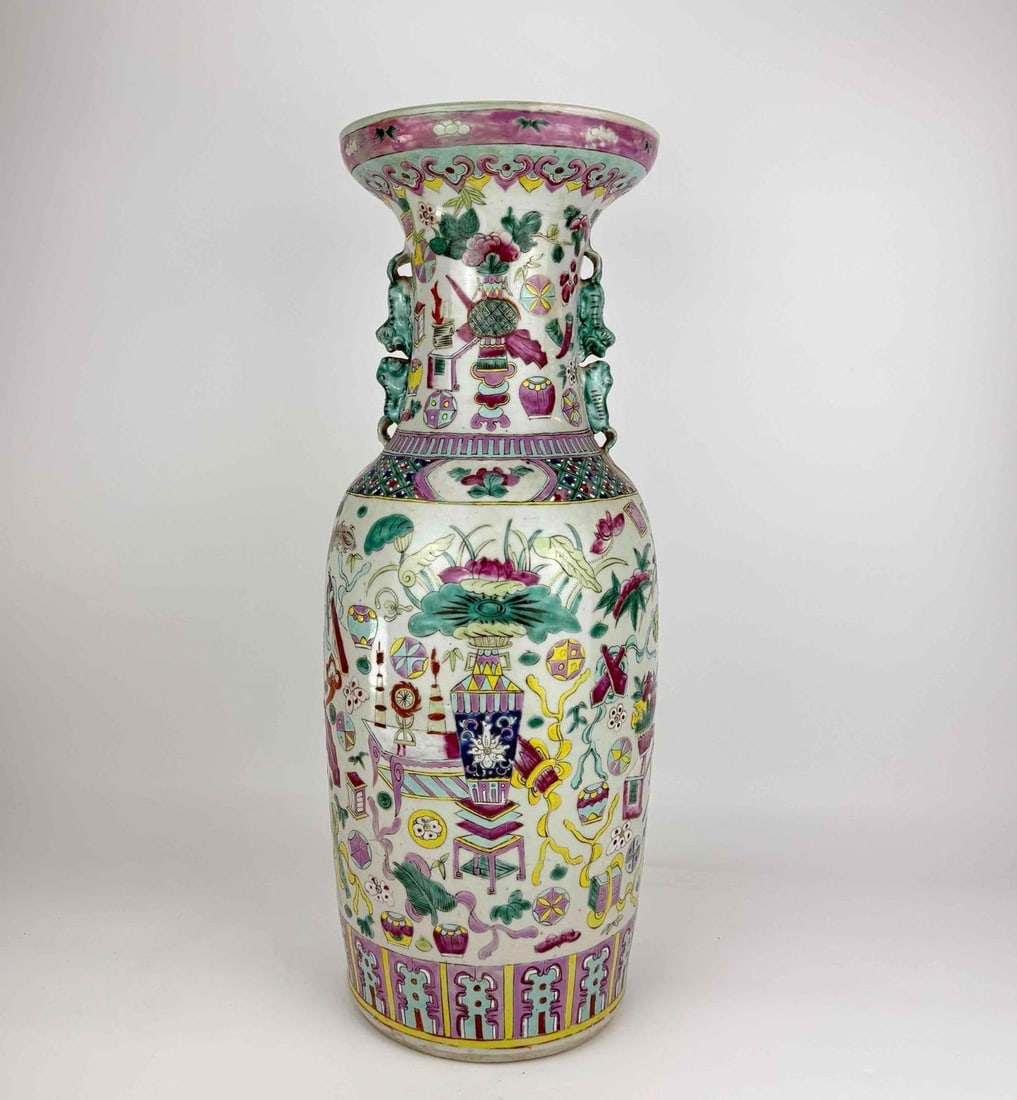 LARGE CHINESE FAMILLE ROSE PORCELAIN VASE WITH ONE HUNDRED ANTIQUITIES (BOGU) PATTERN: Large Chinese famille rose porcelain baluster vase with a One Hundred Antiquities (Bogu) design. Approximate Dimensions: 23" H x 9" Dia. Artist or Maker: Chinese famille rose porcelain Provena