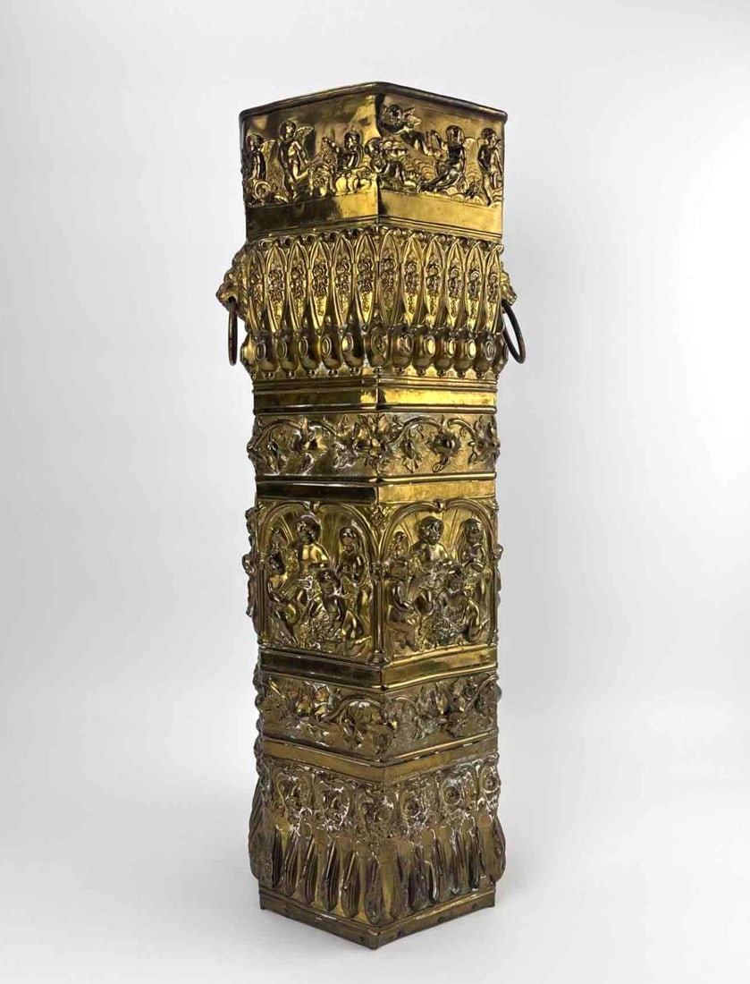 VINTAGE HEXAGONAL EMBOSSED REPOUSSE BRASS UMBRELLA STAND: Hexagonal embossed repousse brass umbrella stand with figural scenes,*some damage to bottom wood and gaps in panels due to age, see last pics Approximate Dimensions: 23.5" H x 8" W x 8" D 