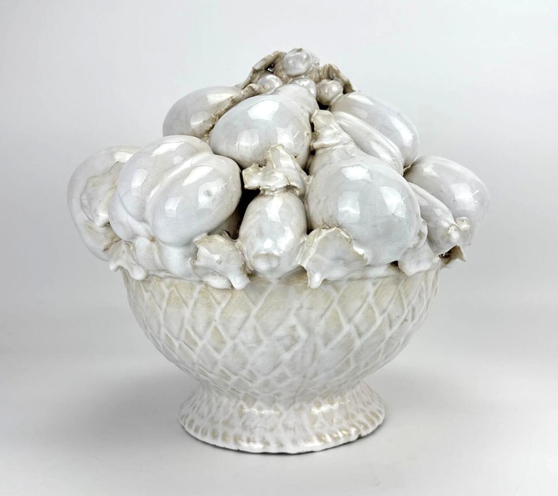 VINTAGE LARGE ITALIAN WHITE GLAZED CERAMIC FRUIT TOPIARY CENTERPIECE: Italian white glazed ceramic fruit basket centerpiece Approximate Dimensions: 13" H x 15" W x 14" D Artist or Maker: Italian white glazed ceramic Provenance: From a New York Collector Note