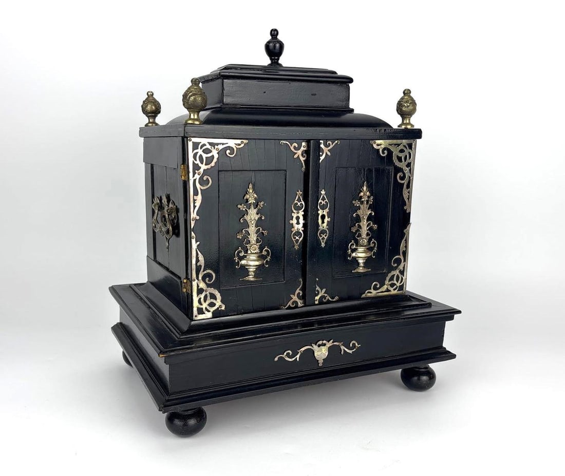 ANTIQUE EBONIZED MOTHER-OF-PEARL INLAID JEWELRY CASKET (NAPOLEON III STYLE) (1 of 14)
