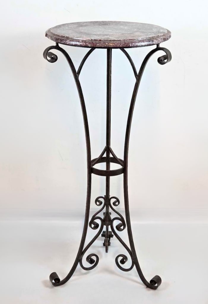 ART DECO WROUGHT IRON SCROLL WORK PLANT STAND/PEDESTAL WITH TESSELLATED MARBLE TOP: Wrought iron scrollwork plant stand with a round marble top Approximate Dimensions: 41.75" H x 19" Dia. Artist or Maker: Unknown Provenance: From a New York Collector Notes: Although care is t