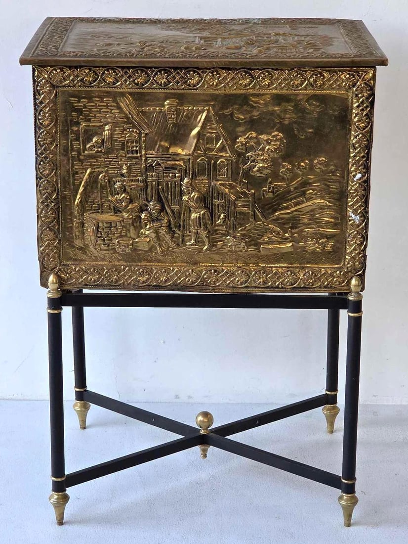EMBOSSED BRASS ENROBED WOOD BOX ON LATER BRASS AND METAL STAND (1 of 19)