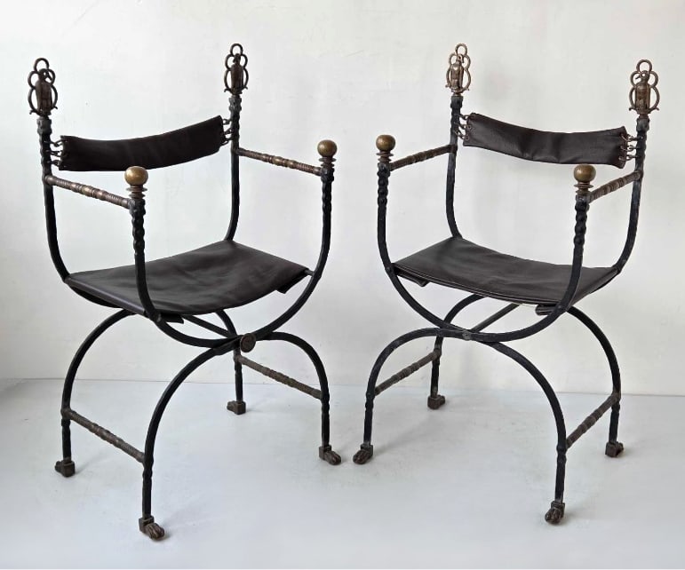 PAIR OF OSCAR BACH ATTR. WROUGHT IRON SAVONAROLA CHAIRS (1 of 18)