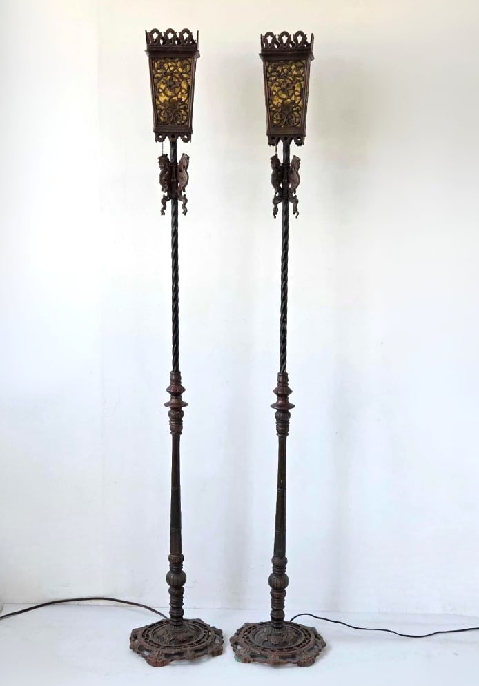 PAIR OF OSCAR BACH ATTR. WROUGHT IRON TORCHERE FLOOR LAMPS (1 of 16)