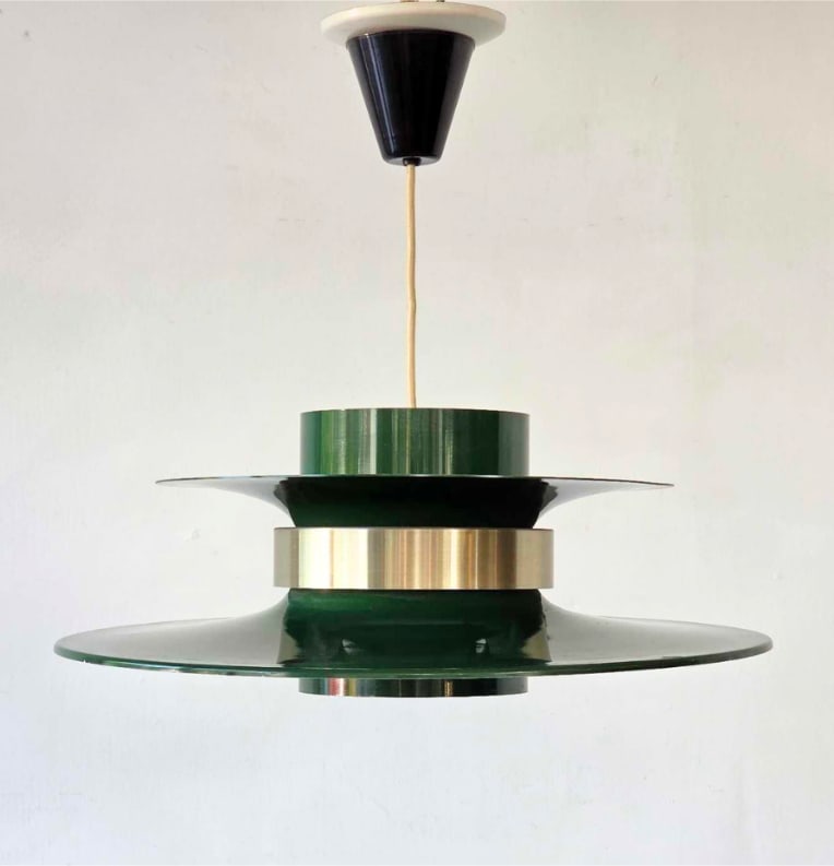 DANISH MODERN GREEN AND BRASS PENDANT LAMP: A mid-century Danish modern tiered pendant lamp with green enameled shades, a brass band and a white diffuser Dimensions: 18" H X 19.5" DIA Provenance: From a New York Collector Notes: Sold as