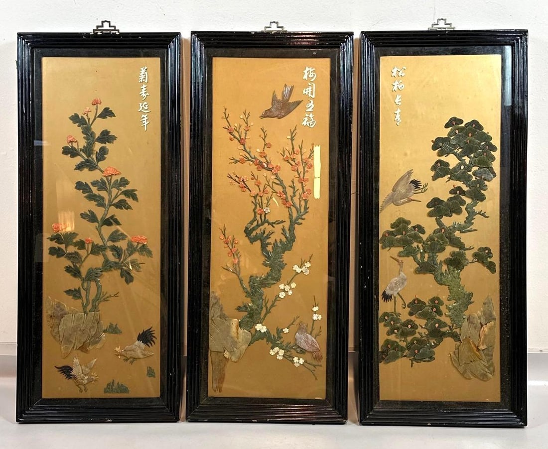 THREE CHINESE HARDSTONE AND JADE INLAID BLACK LACQUER PANELS (1 of 6)