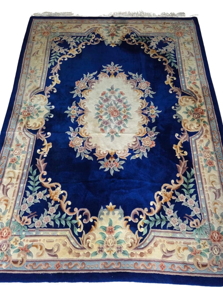 VINTAGE CHINESE SCULPTED WOOL RUG FLORAL MOTIF BLUE GROUND (1 of 12)