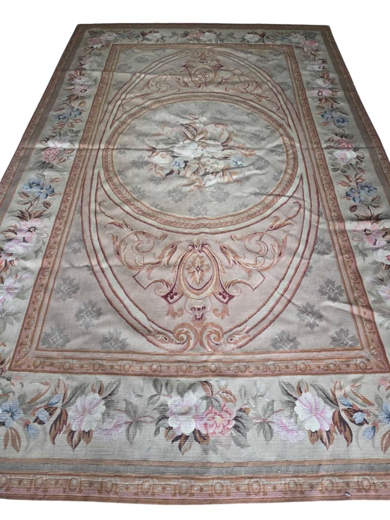 STARK AUBUSSON STYLE FLATWEAVE RUG WITH FLORAL MOTIF: Stark Aubusson-style flatweave wool rug with a central oval medallion and pastel rose bouquets on a soft sage-green ground, framed by a scrolling floral border Approximate Dimensions: 9' 2" x 