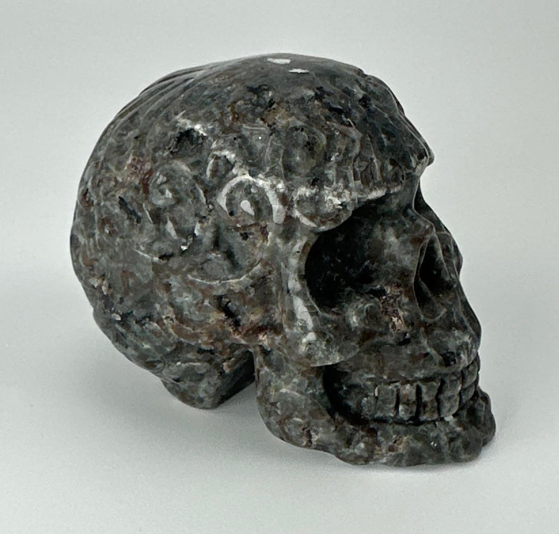 CARVED FOSSIL MARBLE STONE SKULL, POLISHED MEMENTO MORI CARVING: Carved and polished fossiliferous stone skull with pale shell and coral inclusions Approximate Dimensions: 3" H x 3" W Artist or Maker: Unknown Provenance: From a New York Collector Notes: Alt