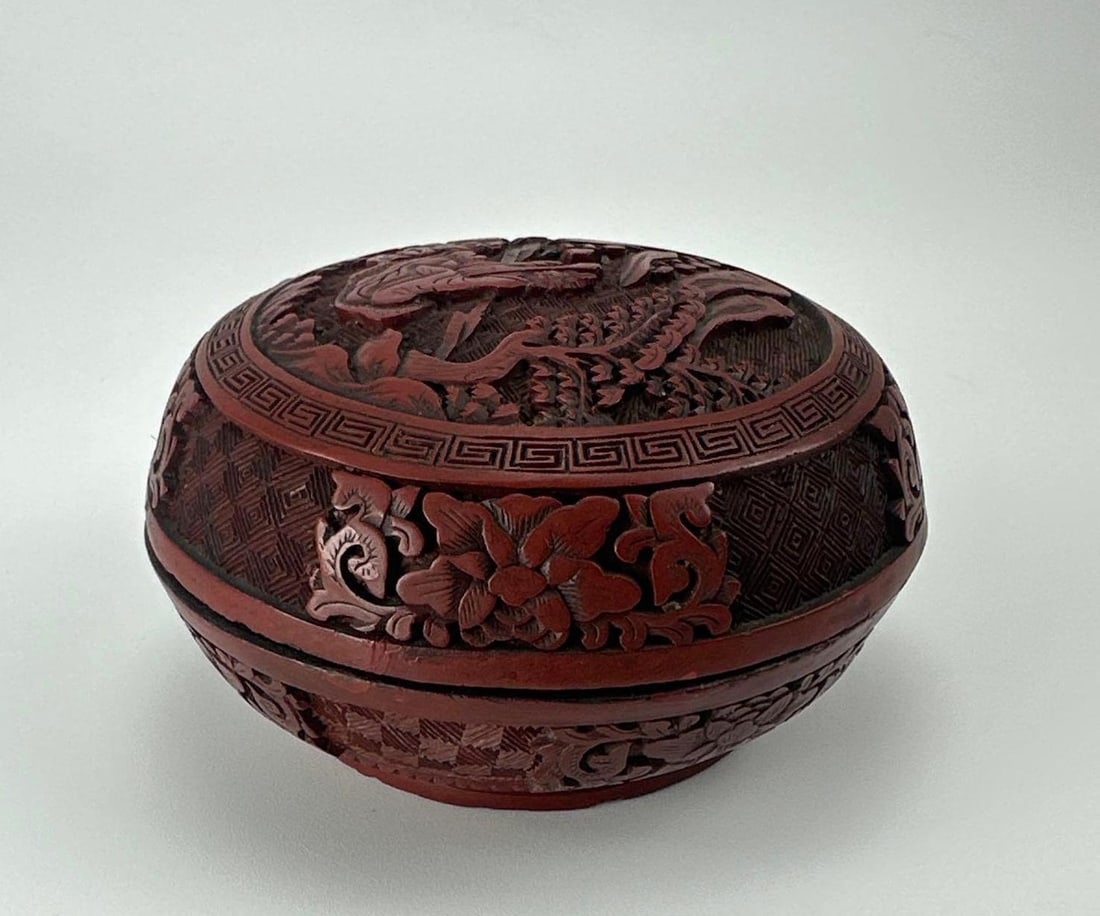 CHINESE CARVED CINNABAR LACQUER COVERED BOX, PEONY AND SCROLL (1 of 7)