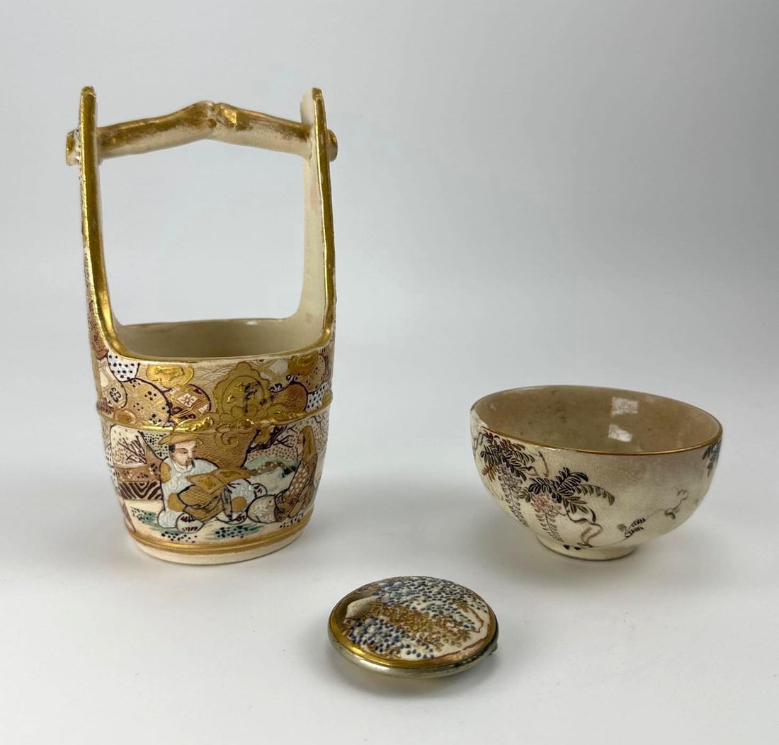 JAPANESE SATSUMA MINIATURE BUCKET VASE, BOWL AND BOX, SIGNED SET (1 of 15)