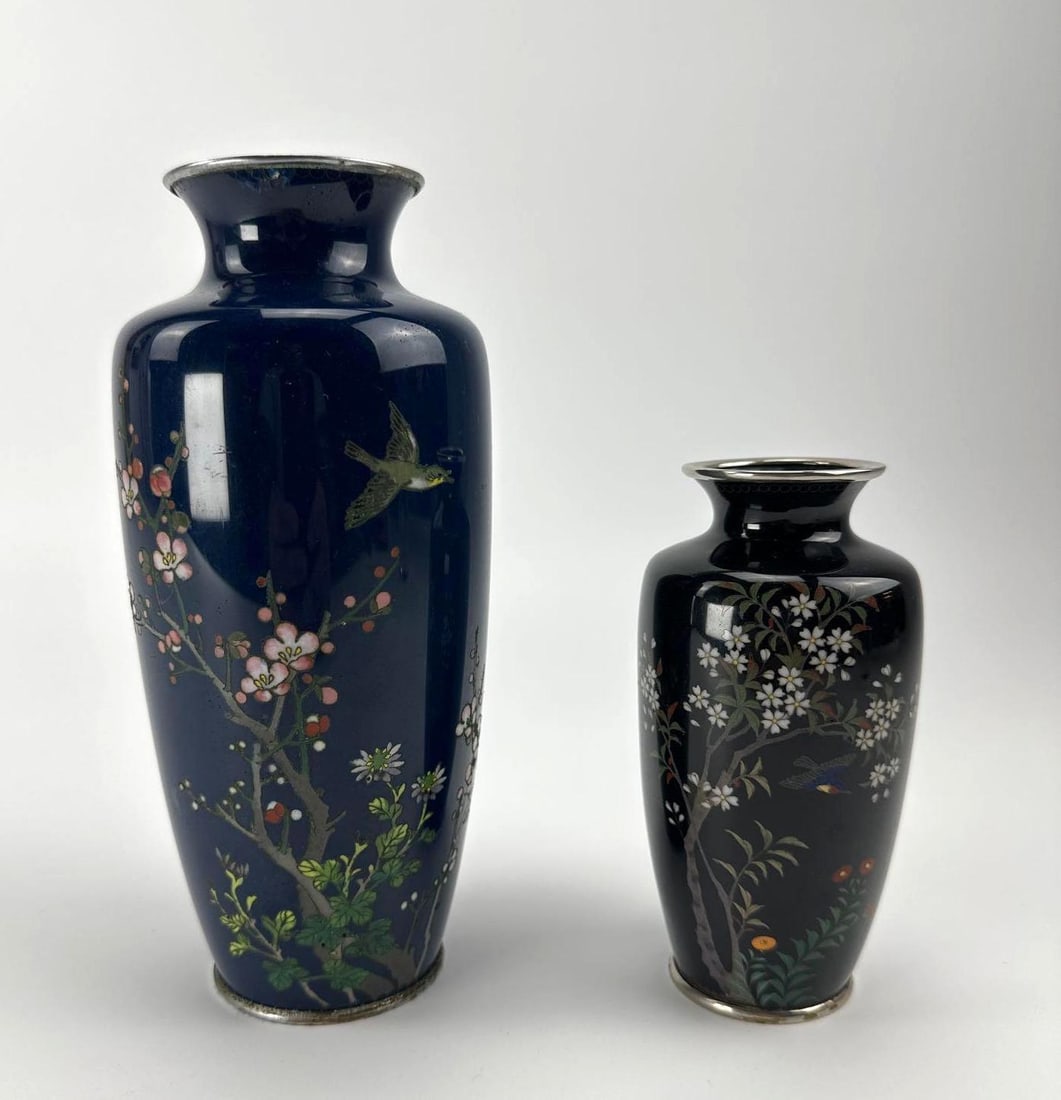 TWO JAPANESE CLOISONNE VASES, MIDNIGHT BLUE FLORAL AND BIRD (1 of 10)