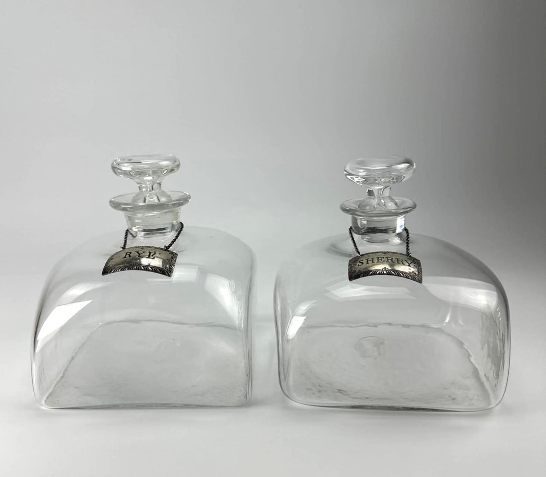 TWO COLONIAL WILLIAMSBURG STYLE DECANTERS, STERLING SILVER RYE AND SHERRY TAGS (1 of 10)