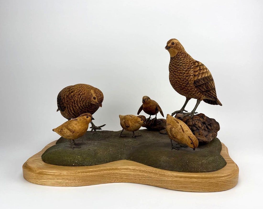CARVED BOBWHITE QUAIL FAMILY BIRD SCULPTURE, SIGNED BERNS 1992: Carved and painted wood sculpture of a bobwhite quail family. Approximate Dimensions: 12" H x 18" W x 13" D Artist or Maker: Lee and Don Berns Provenance: From a New York Collector Notes: 