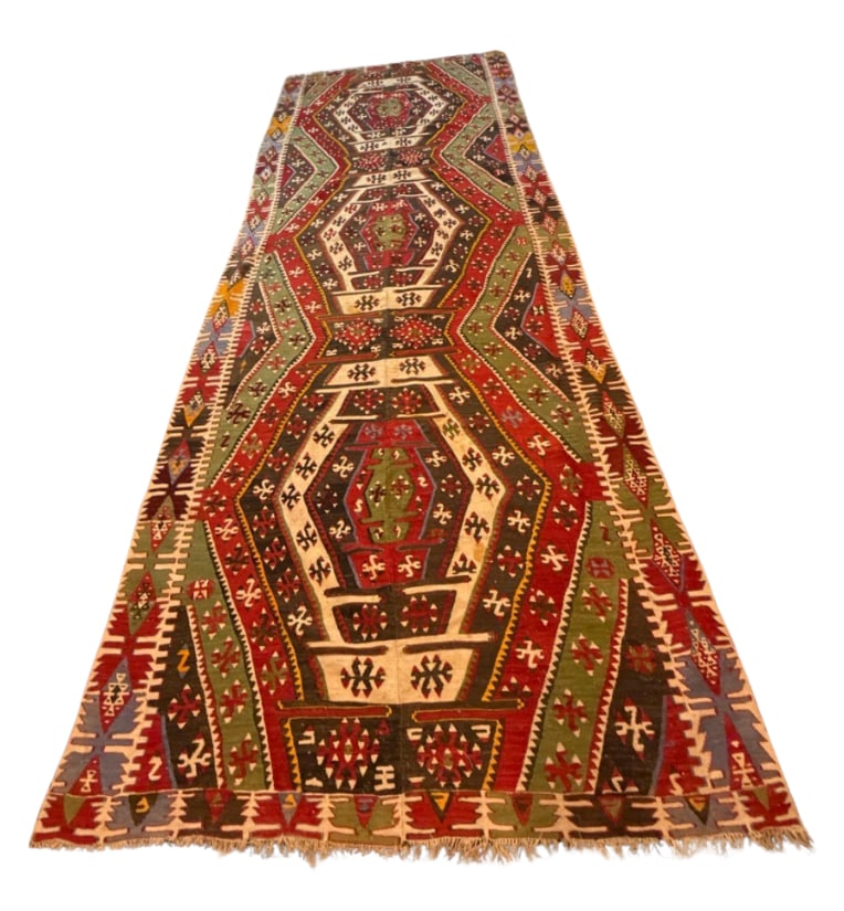 ANTIQUE TURKISH ANATOLIAN KILIM FLATWEAVE RUNNER, HOOKED HEXAGON MEDALLIONS, 5 X 12.5 FT (1 of 13)